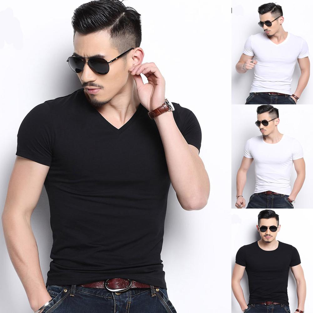 Men Casual Slim Summer Black White Basic Tees T Shirt Tops Short Sleeve V-neck Bodycon Solid Homme T-shirt Tops