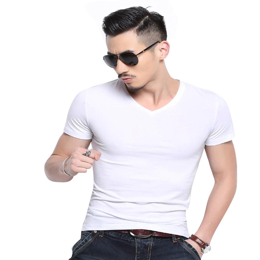 Men Casual Slim Summer Black White Basic Tees T Shirt Tops Short Sleeve V-neck Bodycon Solid Homme T-shirt Tops