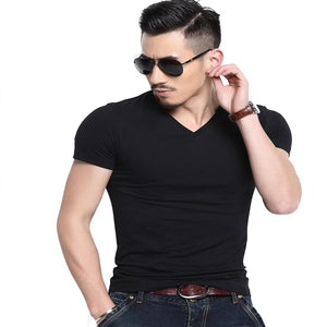 Men Casual Slim Summer Black White Basic Tees T Shirt Tops Short Sleeve V-neck Bodycon Solid Homme T-shirt Tops