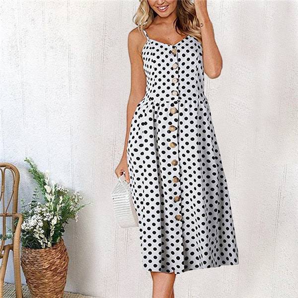 Fashion Sexy Women Sleeveless Backelss Summer Dress 2019 Black White Casual Dress Spaghetti Strap Dresses Button midi Sundress