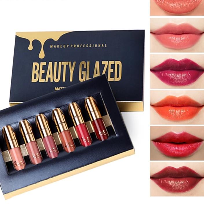 BEAUTY GLAZED 6 Colors Matte Lipstick Set Waterproof Long Lasting Lip Gloss Nude Velvet Pigment Batom Women Fashion Lip Makeup