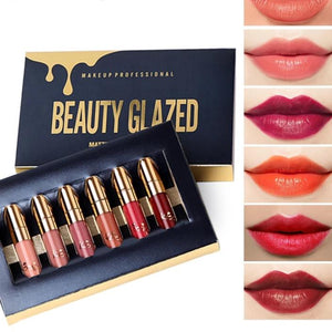 BEAUTY GLAZED 6 Colors Matte Lipstick Set Waterproof Long Lasting Lip Gloss Nude Velvet Pigment Batom Women Fashion Lip Makeup