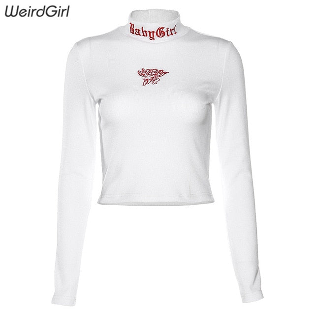 weirdgirl women angel embroidery turtleneck tshirts long sleeve casual fashion tees female Harajuku slim tops streetwear 2020