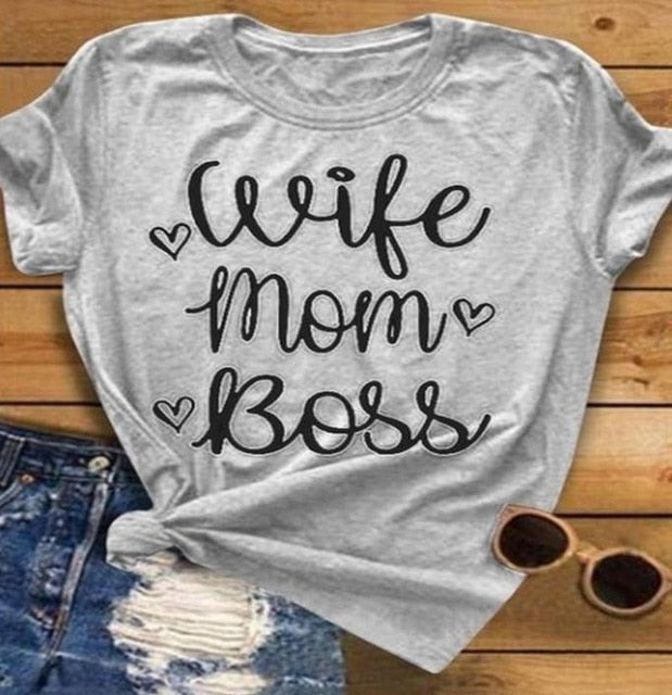 Wife Mom Boss Letter Print T Shirt Women Short Sleeve O Neck Loose Tshirt 2020 Summer Fashion Women Tee Shirt Tops