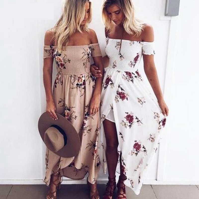 LAAMEI Women Slash Neck Floral Printed Boho Dress Fashion Beach Summer Dresses Ladies Strapless Long Maxi Dress Vestidos S-5XL