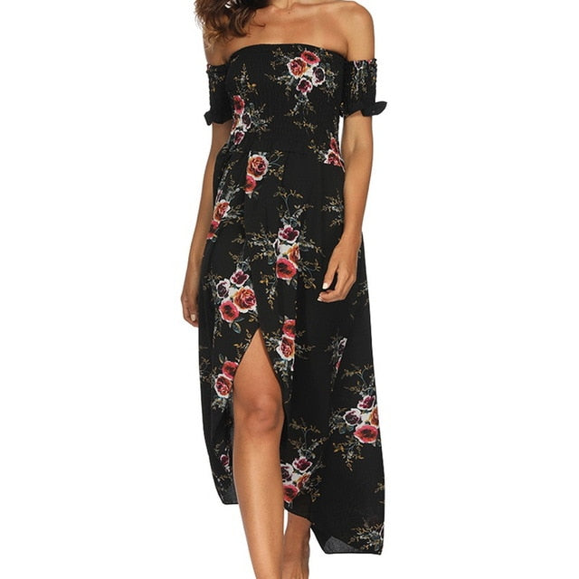 LAAMEI Women Slash Neck Floral Printed Boho Dress Fashion Beach Summer Dresses Ladies Strapless Long Maxi Dress Vestidos S-5XL