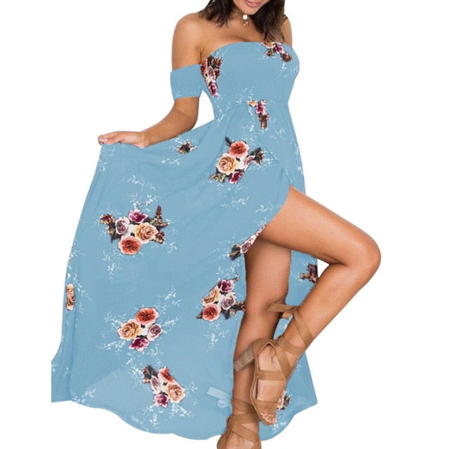 LAAMEI Women Slash Neck Floral Printed Boho Dress Fashion Beach Summer Dresses Ladies Strapless Long Maxi Dress Vestidos S-5XL