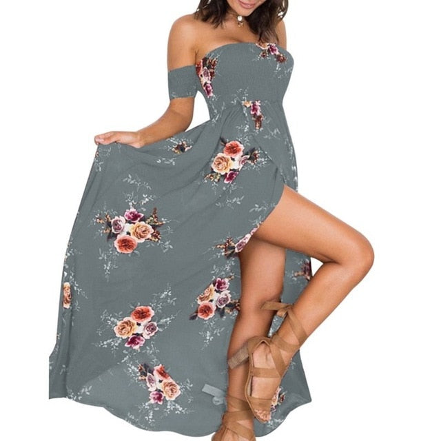 LAAMEI Women Slash Neck Floral Printed Boho Dress Fashion Beach Summer Dresses Ladies Strapless Long Maxi Dress Vestidos S-5XL