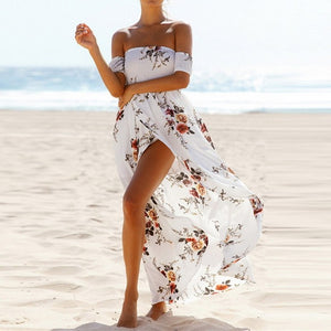 LAAMEI Women Slash Neck Floral Printed Boho Dress Fashion Beach Summer Dresses Ladies Strapless Long Maxi Dress Vestidos S-5XL