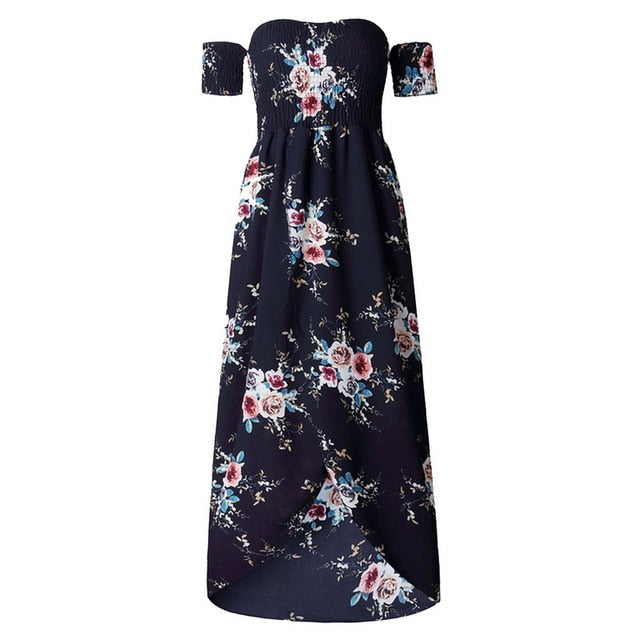 LAAMEI Women Slash Neck Floral Printed Boho Dress Fashion Beach Summer Dresses Ladies Strapless Long Maxi Dress Vestidos S-5XL