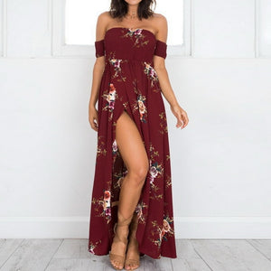 LAAMEI Women Slash Neck Floral Printed Boho Dress Fashion Beach Summer Dresses Ladies Strapless Long Maxi Dress Vestidos S-5XL