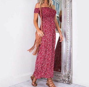 LAAMEI Women Slash Neck Floral Printed Boho Dress Fashion Beach Summer Dresses Ladies Strapless Long Maxi Dress Vestidos S-5XL