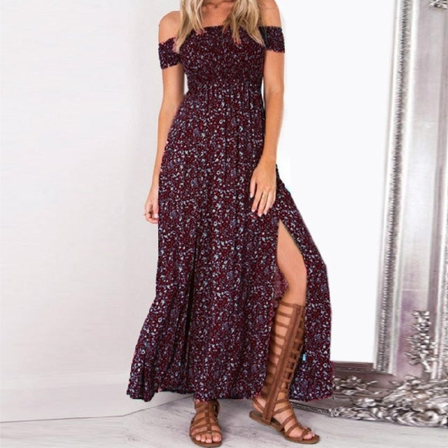 LAAMEI Women Slash Neck Floral Printed Boho Dress Fashion Beach Summer Dresses Ladies Strapless Long Maxi Dress Vestidos S-5XL