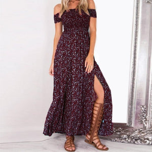 LAAMEI Women Slash Neck Floral Printed Boho Dress Fashion Beach Summer Dresses Ladies Strapless Long Maxi Dress Vestidos S-5XL