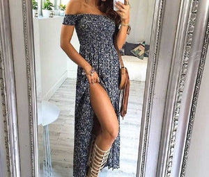 LAAMEI Women Slash Neck Floral Printed Boho Dress Fashion Beach Summer Dresses Ladies Strapless Long Maxi Dress Vestidos S-5XL