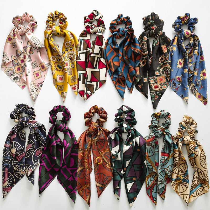 Fashion Floral Print Scrunchie Silk Elastic Hair Band For Women Hair Scarf Bows Rubber Ropes Girls Hair Ties Hair Accessory