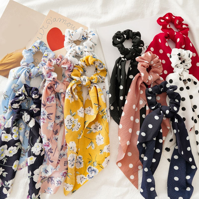 Women Streamers Scrunchies Polka Dot Floral Print Elastic Bow Hair Rope Girl Hair Ties Korean Sweet Hair Accessories Headwear