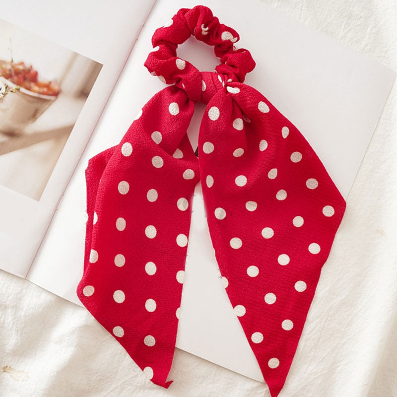 Women Streamers Scrunchies Polka Dot Floral Print Elastic Bow Hair Rope Girl Hair Ties Korean Sweet Hair Accessories Headwear