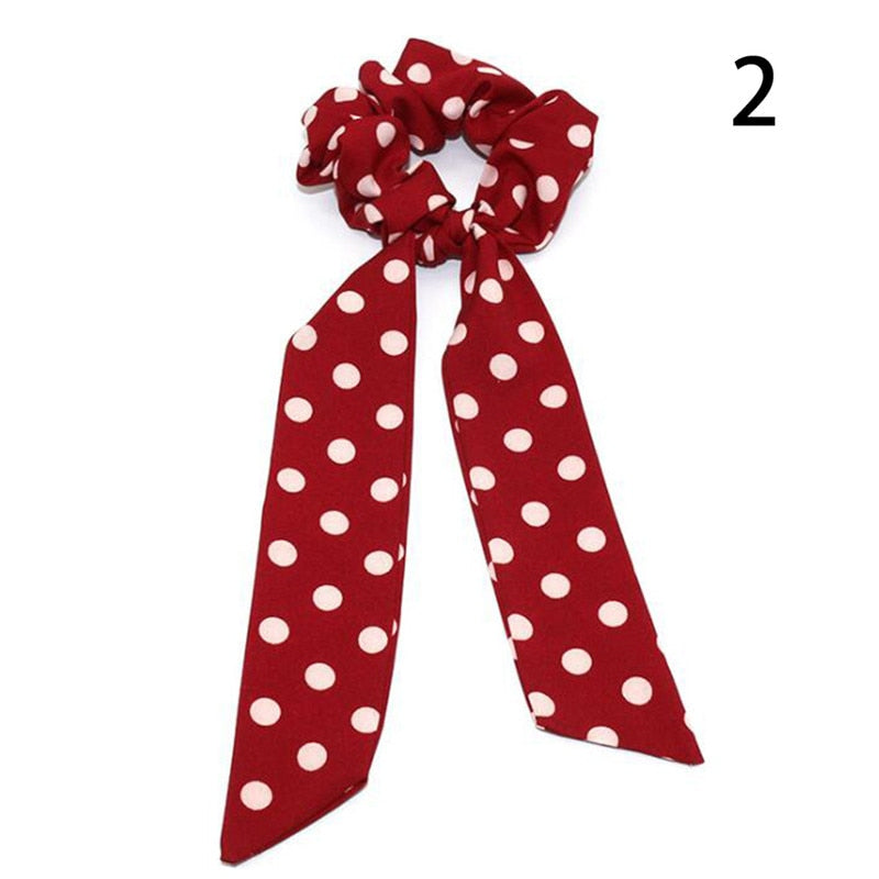 Women Streamers Scrunchies Polka Dot Floral Print Elastic Bow Hair Rope Girl Hair Ties Korean Sweet Hair Accessories Headwear