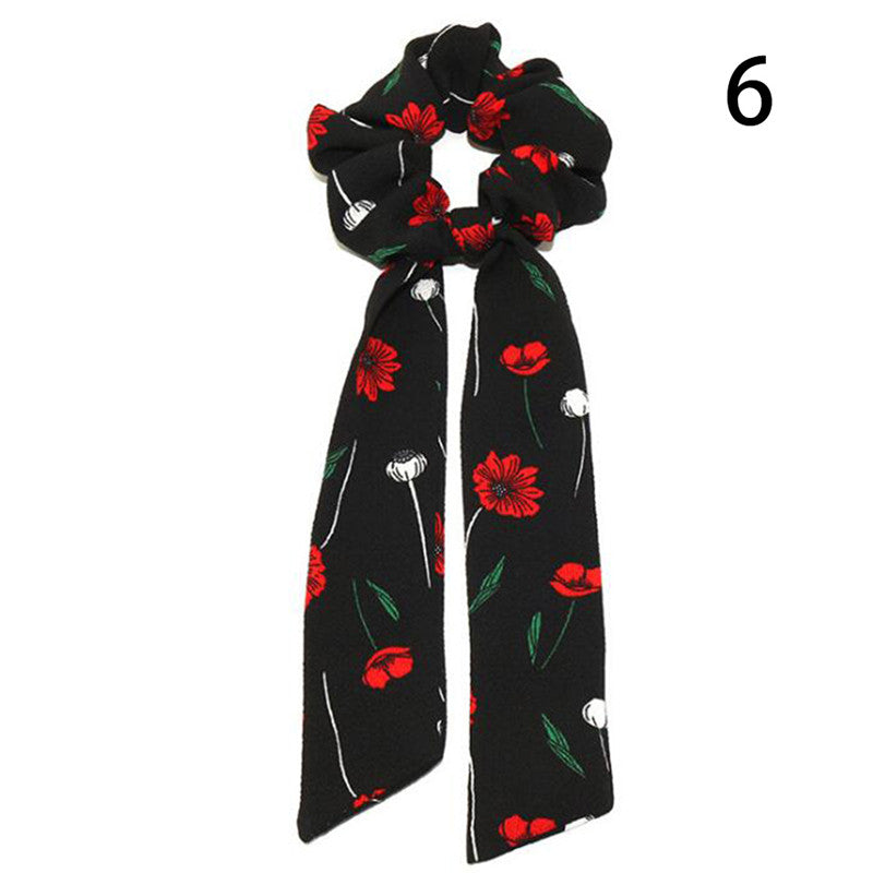 Women Streamers Scrunchies Polka Dot Floral Print Elastic Bow Hair Rope Girl Hair Ties Korean Sweet Hair Accessories Headwear