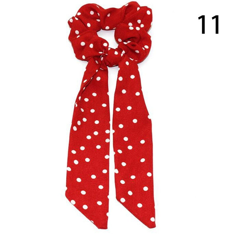 Women Streamers Scrunchies Polka Dot Floral Print Elastic Bow Hair Rope Girl Hair Ties Korean Sweet Hair Accessories Headwear