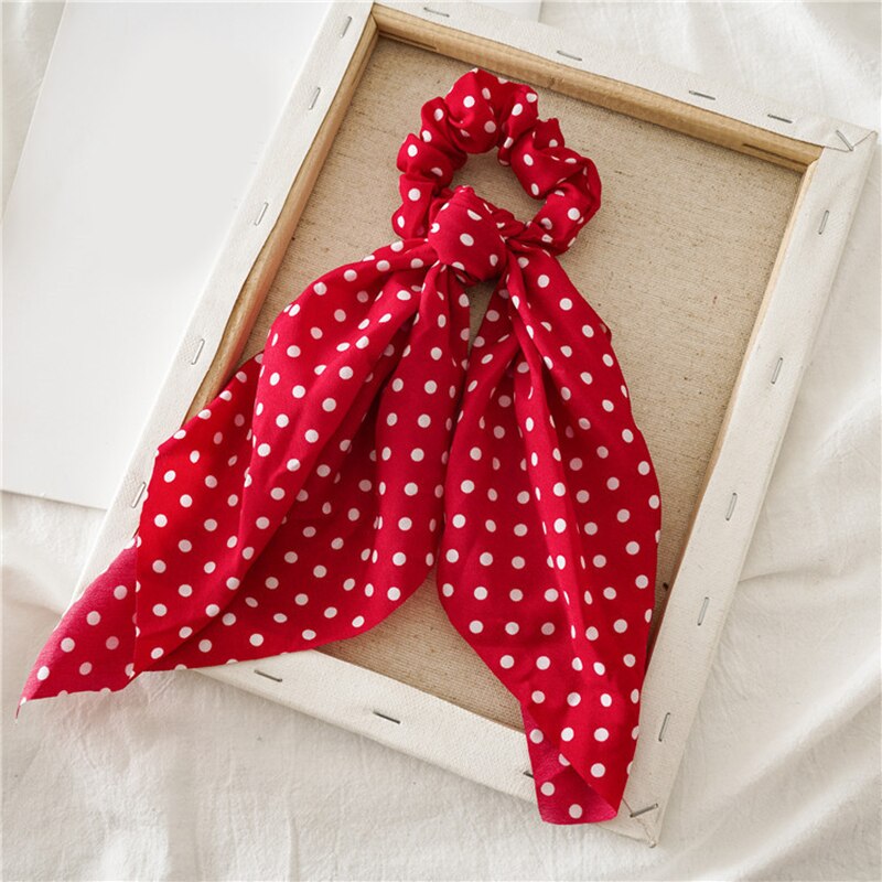 Women Streamers Scrunchies Polka Dot Floral Print Elastic Bow Hair Rope Girl Hair Ties Korean Sweet Hair Accessories Headwear