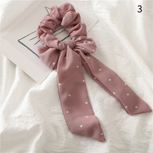 Women Streamers Scrunchies Polka Dot Floral Print Elastic Bow Hair Rope Girl Hair Ties Korean Sweet Hair Accessories Headwear