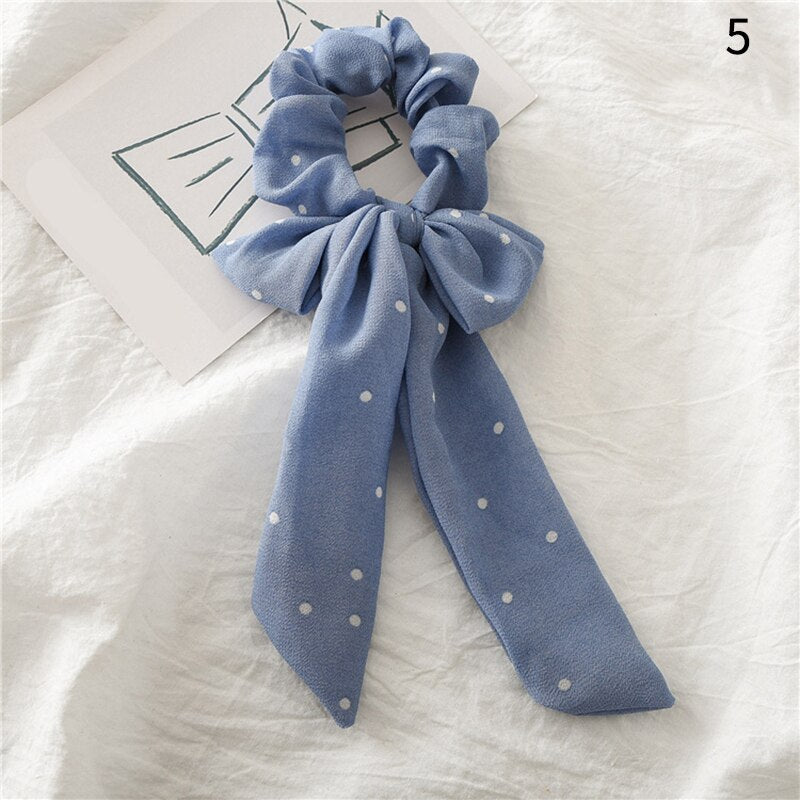 Women Streamers Scrunchies Polka Dot Floral Print Elastic Bow Hair Rope Girl Hair Ties Korean Sweet Hair Accessories Headwear