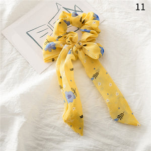 Women Streamers Scrunchies Polka Dot Floral Print Elastic Bow Hair Rope Girl Hair Ties Korean Sweet Hair Accessories Headwear