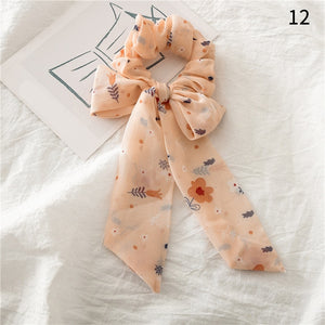 Women Streamers Scrunchies Polka Dot Floral Print Elastic Bow Hair Rope Girl Hair Ties Korean Sweet Hair Accessories Headwear