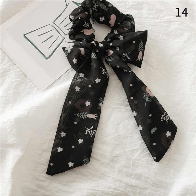 Women Streamers Scrunchies Polka Dot Floral Print Elastic Bow Hair Rope Girl Hair Ties Korean Sweet Hair Accessories Headwear