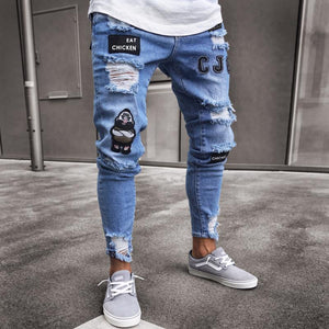 feitong Cotton Jeans Men Spring 2019 MenClothes Denim Pants Distressed Freyed Slim Fit Casual Trousers Stretch Ripped Jeans