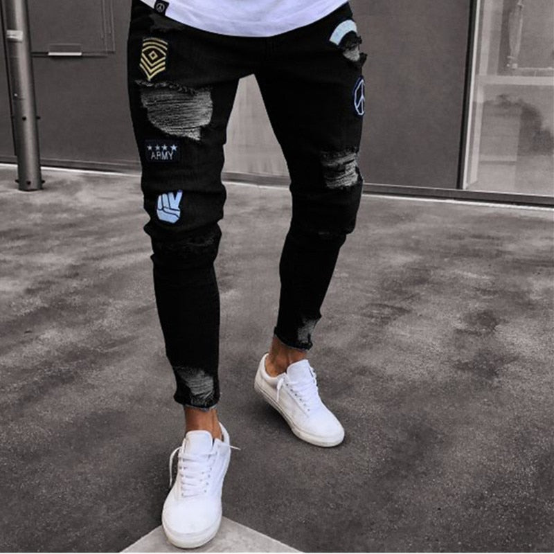 feitong Cotton Jeans Men Spring 2019 MenClothes Denim Pants Distressed Freyed Slim Fit Casual Trousers Stretch Ripped Jeans