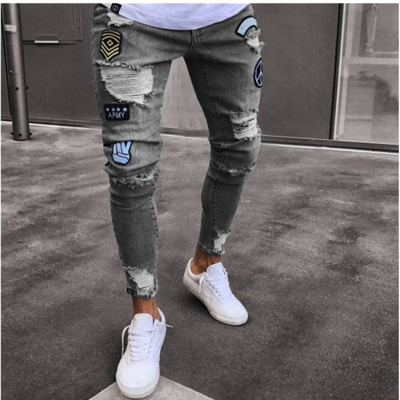 feitong Cotton Jeans Men Spring 2019 MenClothes Denim Pants Distressed Freyed Slim Fit Casual Trousers Stretch Ripped Jeans