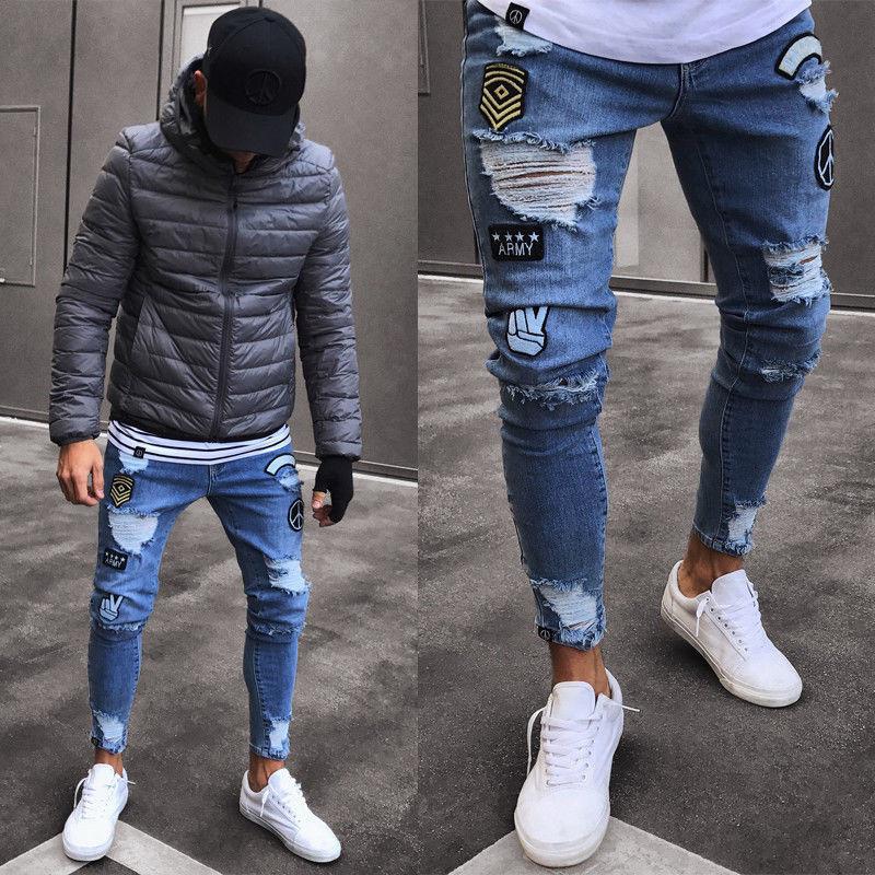 feitong Cotton Jeans Men Spring 2019 MenClothes Denim Pants Distressed Freyed Slim Fit Casual Trousers Stretch Ripped Jeans