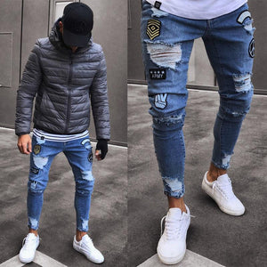 feitong Cotton Jeans Men Spring 2019 MenClothes Denim Pants Distressed Freyed Slim Fit Casual Trousers Stretch Ripped Jeans