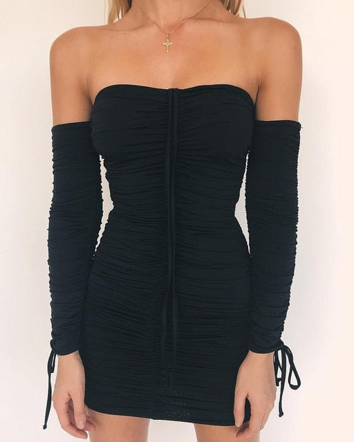 Articat Women Autumn Winter Bandage Dress Women 2020 Sexy Off Shoulder Long Sleeve Slim Elastic Bodycon Party Dresses Vestidos