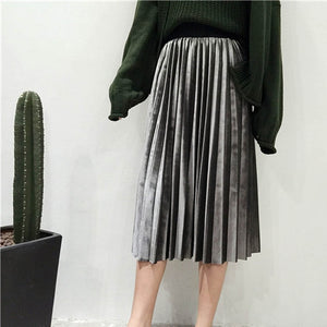 Danjeaner Spring 2019 Women Long Metallic Silver Maxi Pleated Skirt Midi Skirt High Waist Elascity Casual Party Skirt Vintage