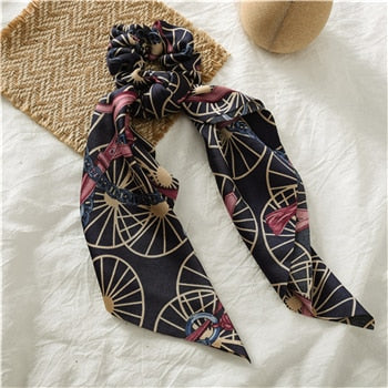 Fashion Floral Print Scrunchie Silk Elastic Hair Band For Women Hair Scarf Bows Rubber Ropes Girls Hair Ties Hair Accessory