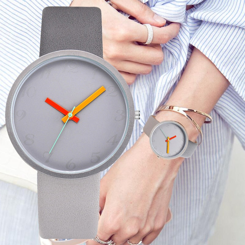 Women Watch Gray Contrast Leather Quartz Watch Women Men Watches Lovers Unisex Casual Ladies Wrist Watch Clock Relogio Feminino