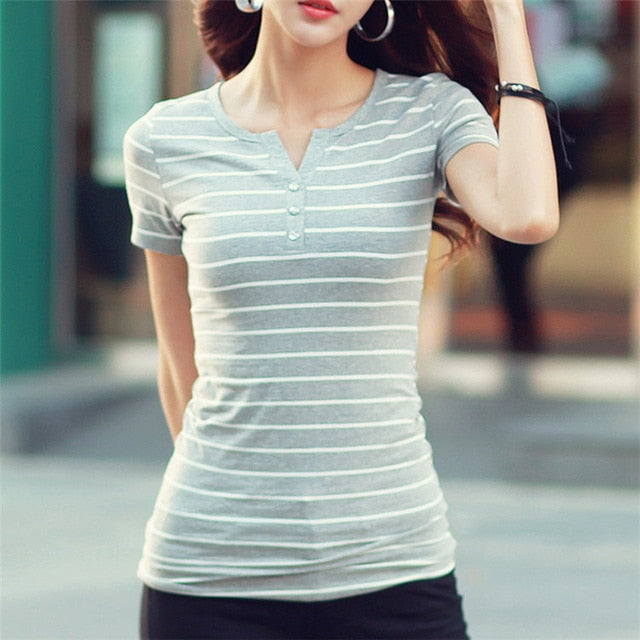 Women T-Shirt Cotton Short Long Sleeve Lady T Shirt Striped Summer Spring Autumn Female Blusa White Plus Size Fashion Top Tee T0