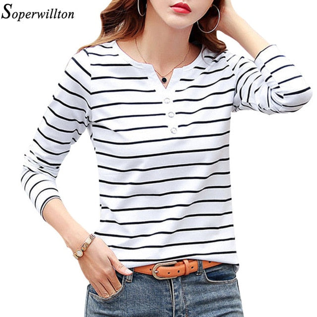 Women T-Shirt Cotton Short Long Sleeve Lady T Shirt Striped Summer Spring Autumn Female Blusa White Plus Size Fashion Top Tee T0