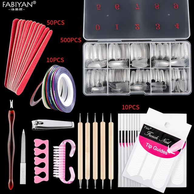 1 Box + 500pcs Tips Transparent Half Cover Fake False French Nail Art Artificial Acrylic Gel UV Manicure Design Set DIY Tool