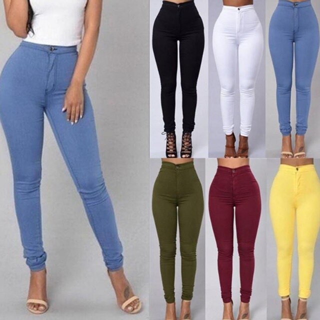 Slim Fit Skinny Jeans Woman White Black High Waist Render Elastic Jeans Vintage Long Pants Femme Casual Pencil Pants Denim Jeans