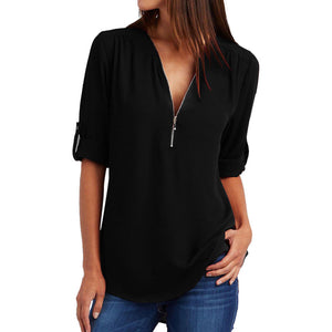 Plus Size XL Solid Front Zipper Long Sleeve Blouse Shirt Women Autumn 2018 Sexy V Neck Tunic Tops Loose Blusas Big Size woman